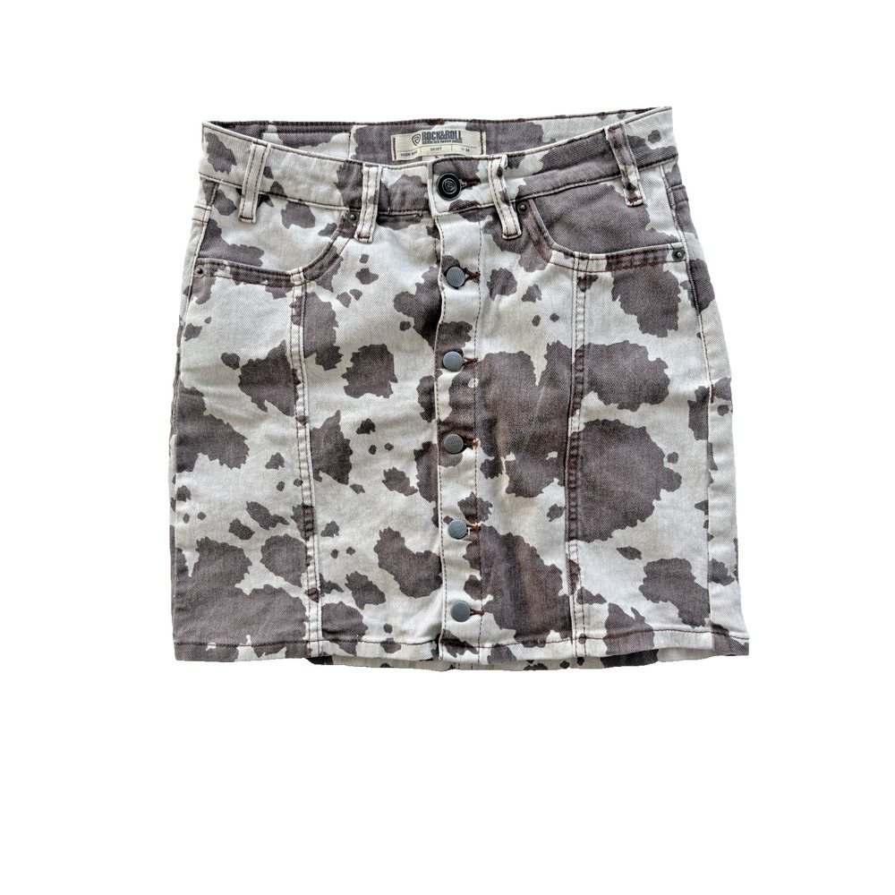 Rock & Roll Denim Mini Skirt Cow Print Button Down 26 High Waist